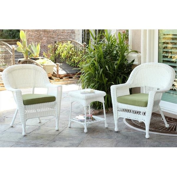 Jeco W00206_2-CES029 3 Piece White Wicker Chair And End Table Set With Green Chair Cushion W00206_2-CES029 - main